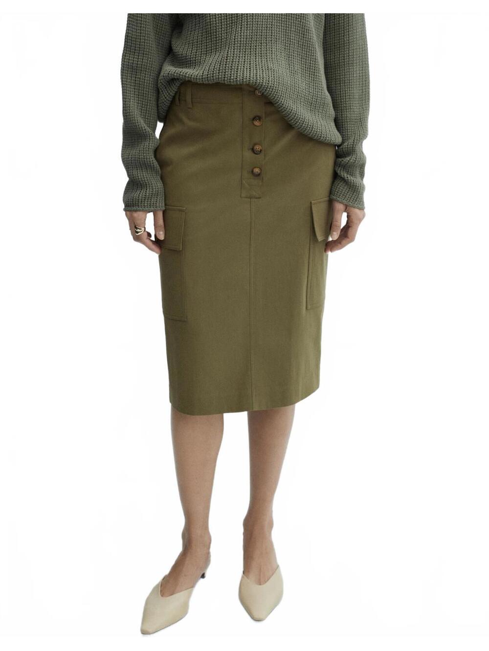Mango Cotton Blend Cargo Straight Midi Skirt Forest Green Size 2